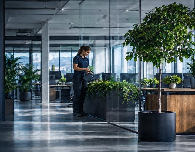 Medarbeider fra TotalBistand vanner planter i et åpent kontorlandskap