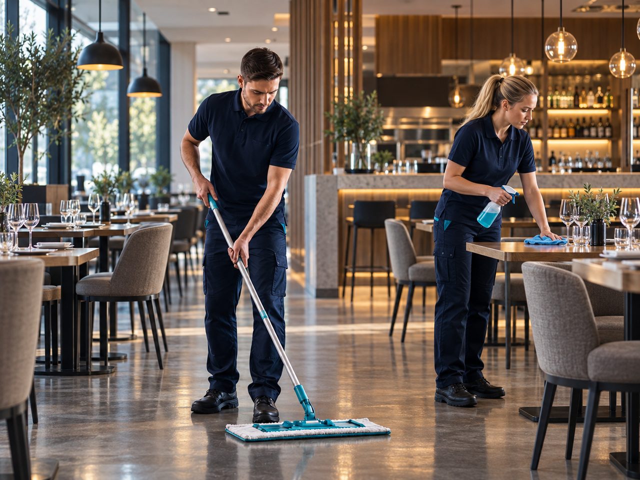 To medarbeidere fra TotalBistand vasker gulv og tørker bord i en restaurant